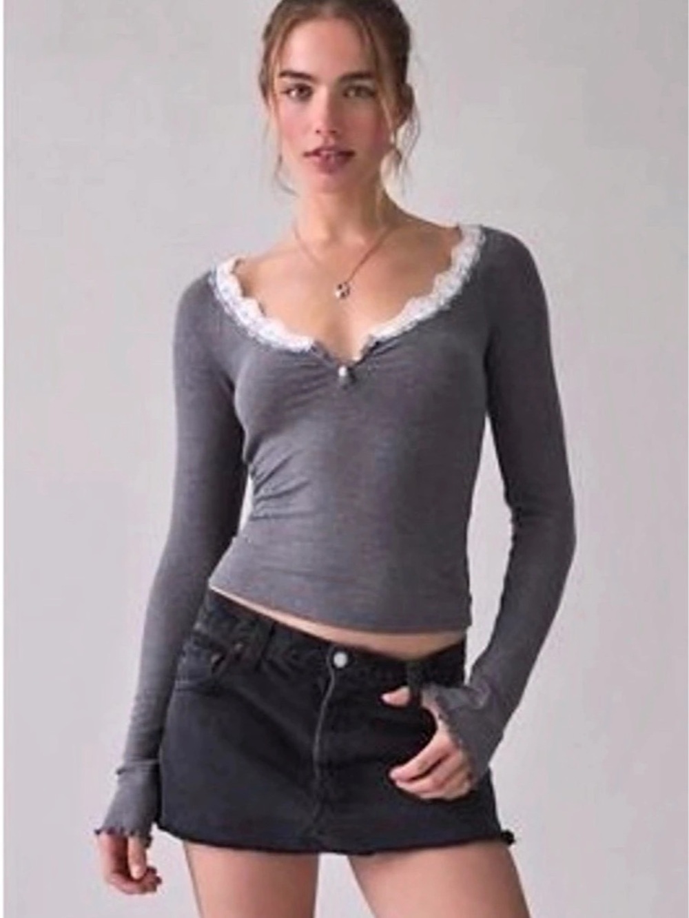 Urban Out Fitters Out from Under Lace Trim Long Sleeve Henley Size L